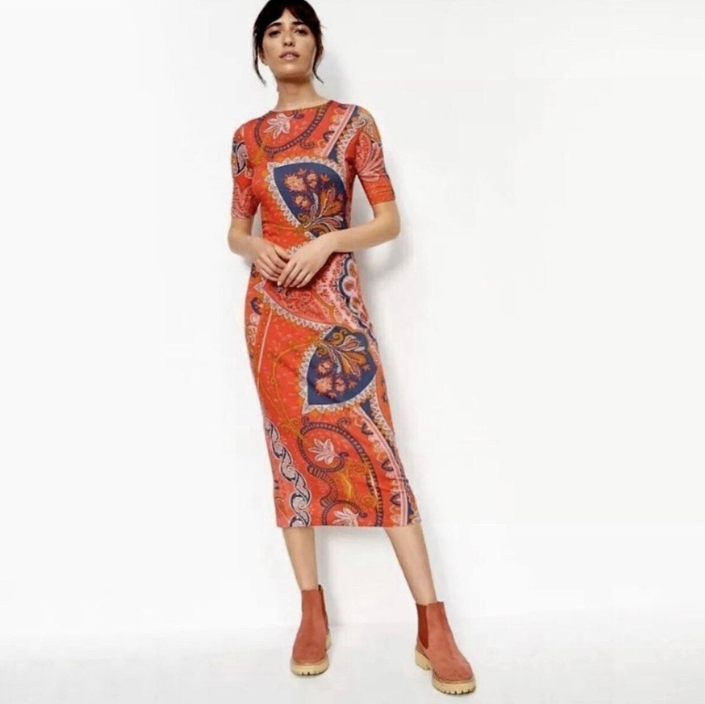 Anthropologie Orange & Navy Paisley Midi Dress